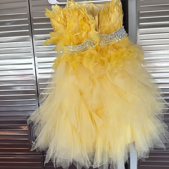 Yellow feathered party dress. No brand name. Super pretty! - Picture 5 of 9
